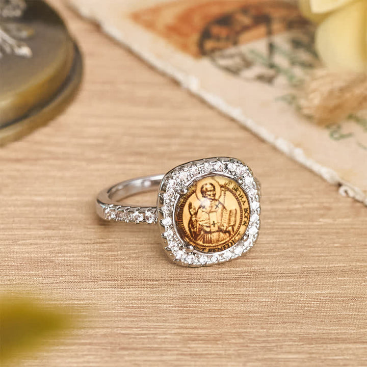 Christianartworkshop Elegant Square Bezel St. Benedict Ring: Sign Of Soft Timeless Sacred Solace - image 3