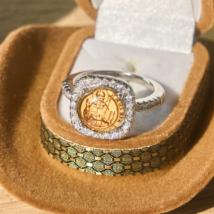 Christianartworkshop Elegant Square Bezel St. Benedict Ring: Sign Of Soft Timeless Sacred Solace - image 1