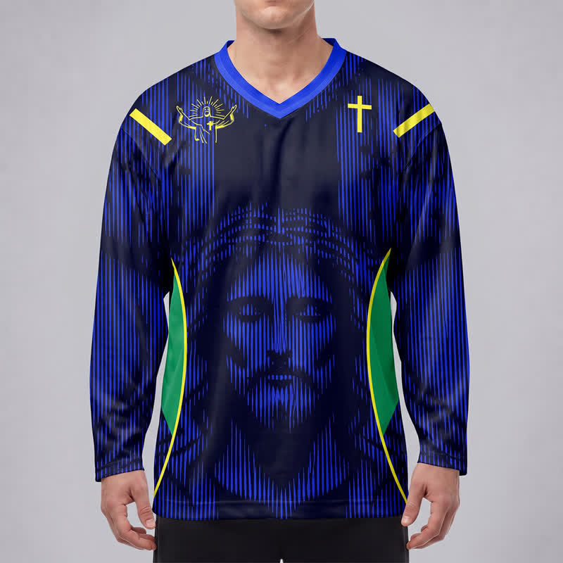 Christianartworkshop Jesus Portrait Blue V Neck Long Sleeve Hockey Jersey - image 3