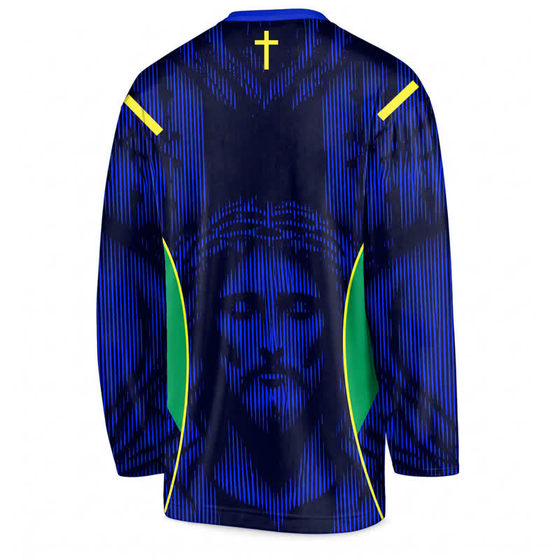 Christianartworkshop Jesus Portrait Blue V Neck Long Sleeve Hockey Jersey - image 2