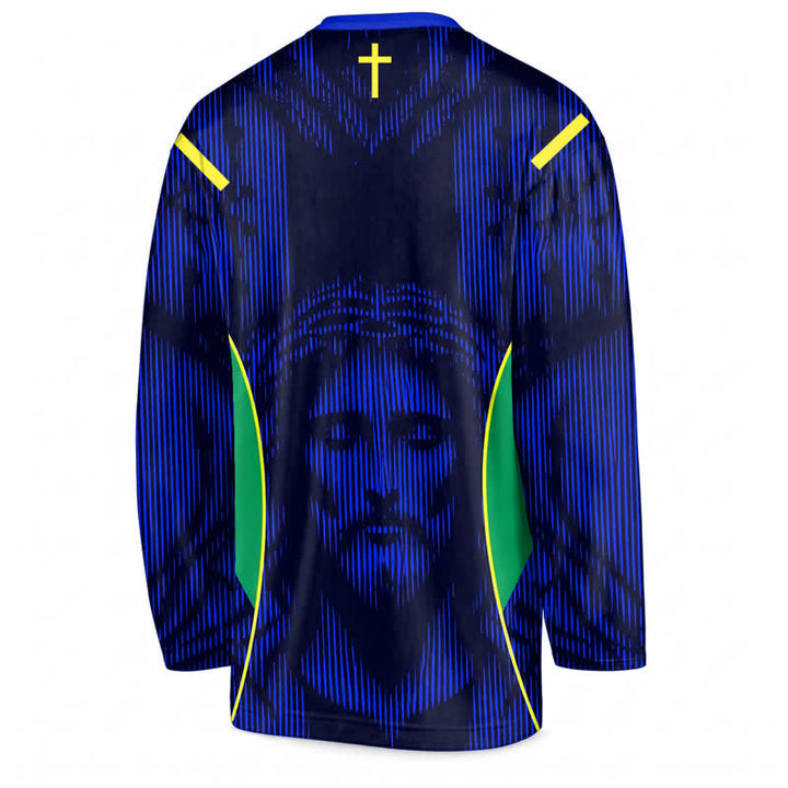Christianartworkshop Jesus Portrait Blue V Neck Long Sleeve Hockey Jersey - image 2