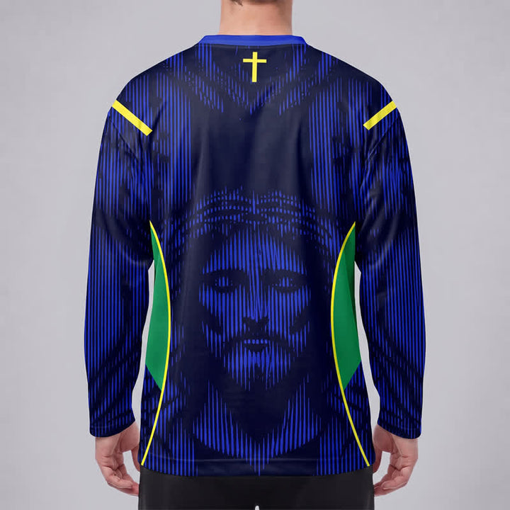 Christianartworkshop Jesus Portrait Blue V Neck Long Sleeve Hockey Jersey - image 4