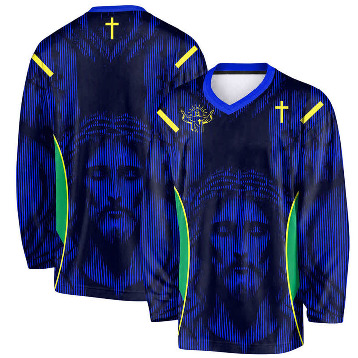 Christianartworkshop Jesus Portrait Blue V Neck Long Sleeve Hockey Jersey - 5XL - image 0