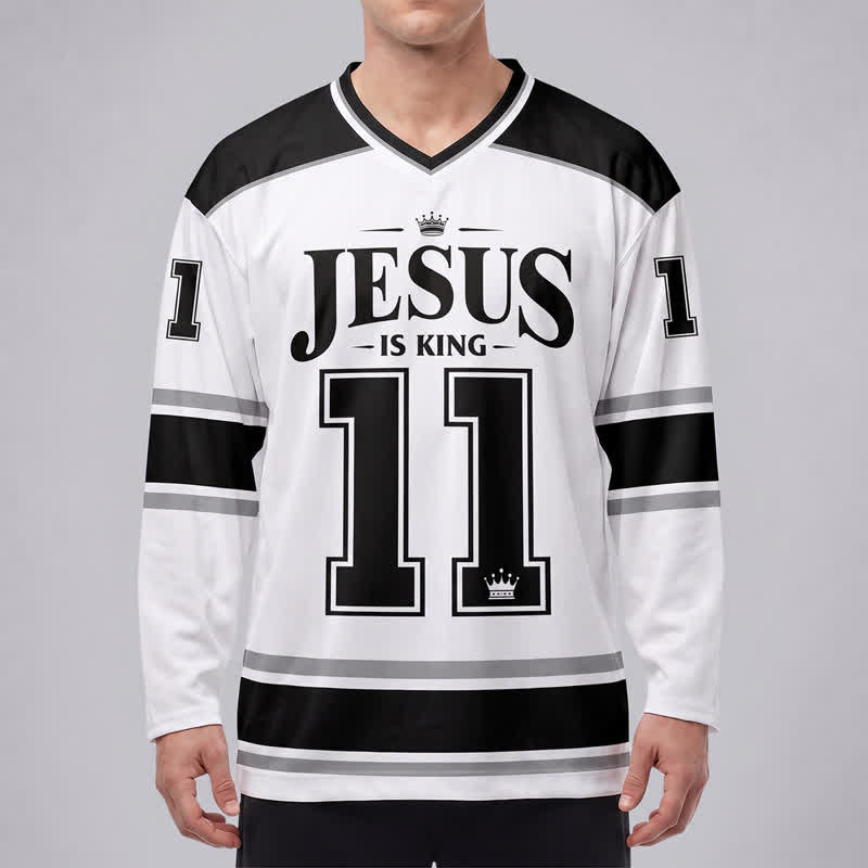 Christianartworkshop Jesus Is King Monochrome Streetwear Hockey Jersey - image 3