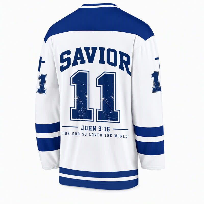 Christianartworkshop Savior John 3:16 Jesus & Sacred Heart Blue White Long Sleeve Hockey Jersey - image 2