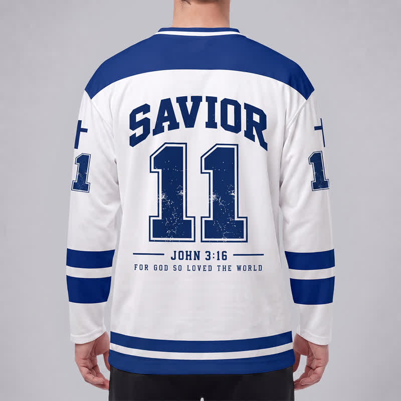Christianartworkshop Savior John 3:16 Jesus & Sacred Heart Blue White Long Sleeve Hockey Jersey - image 4