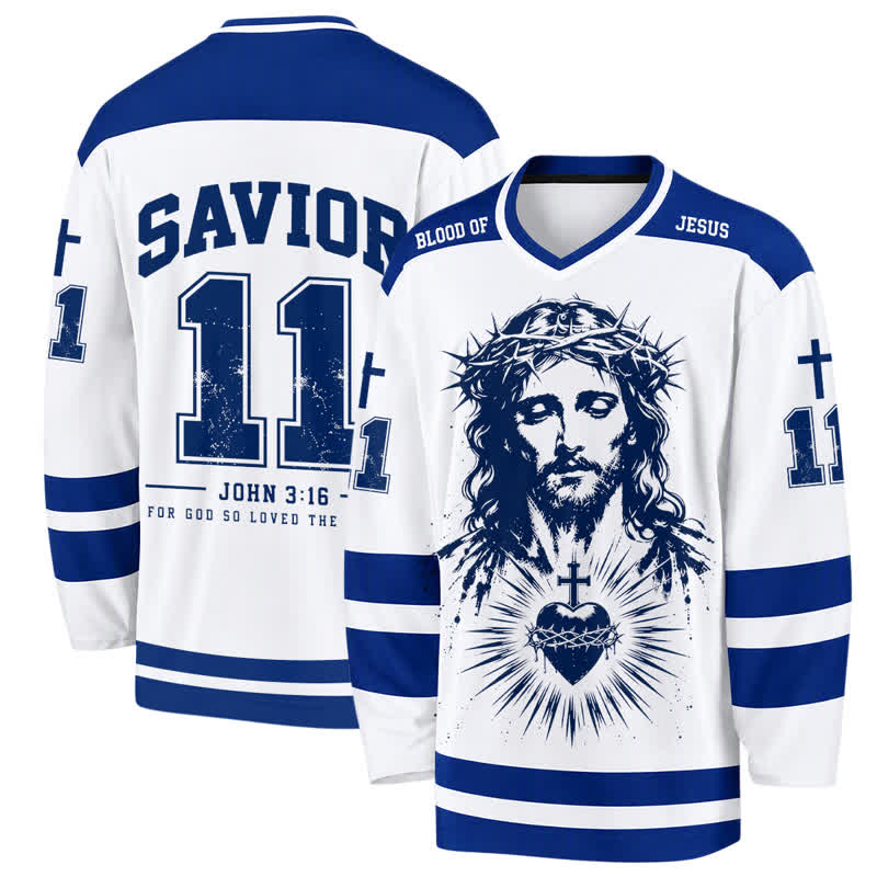 Christianartworkshop Savior John 3:16 Jesus & Sacred Heart Blue White Long Sleeve Hockey Jersey - 5XL - image 0