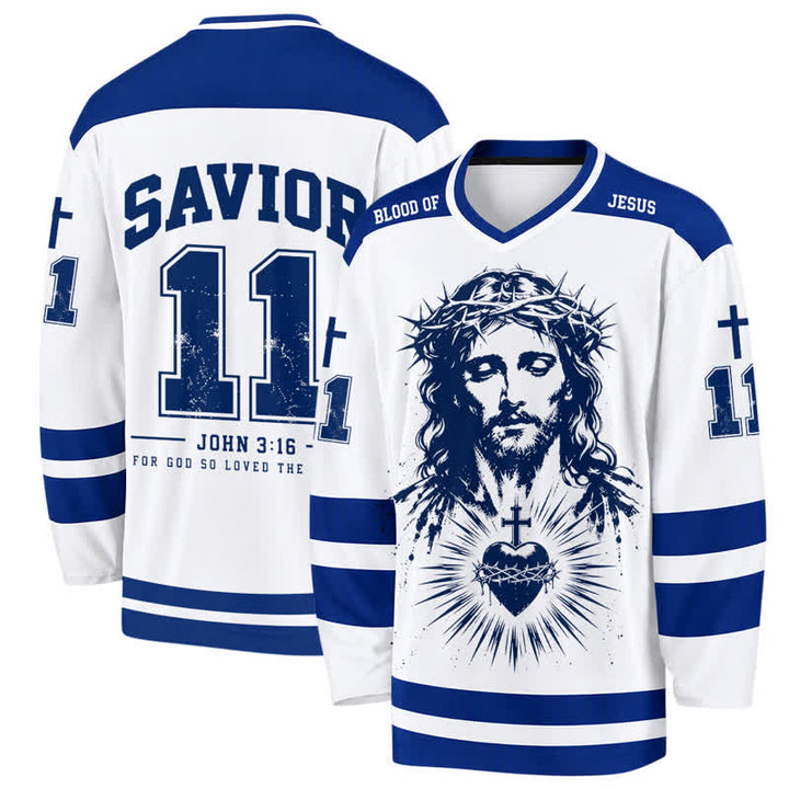 Christianartworkshop Savior John 3:16 Jesus & Sacred Heart Blue White Long Sleeve Hockey Jersey - 5XL - image 0