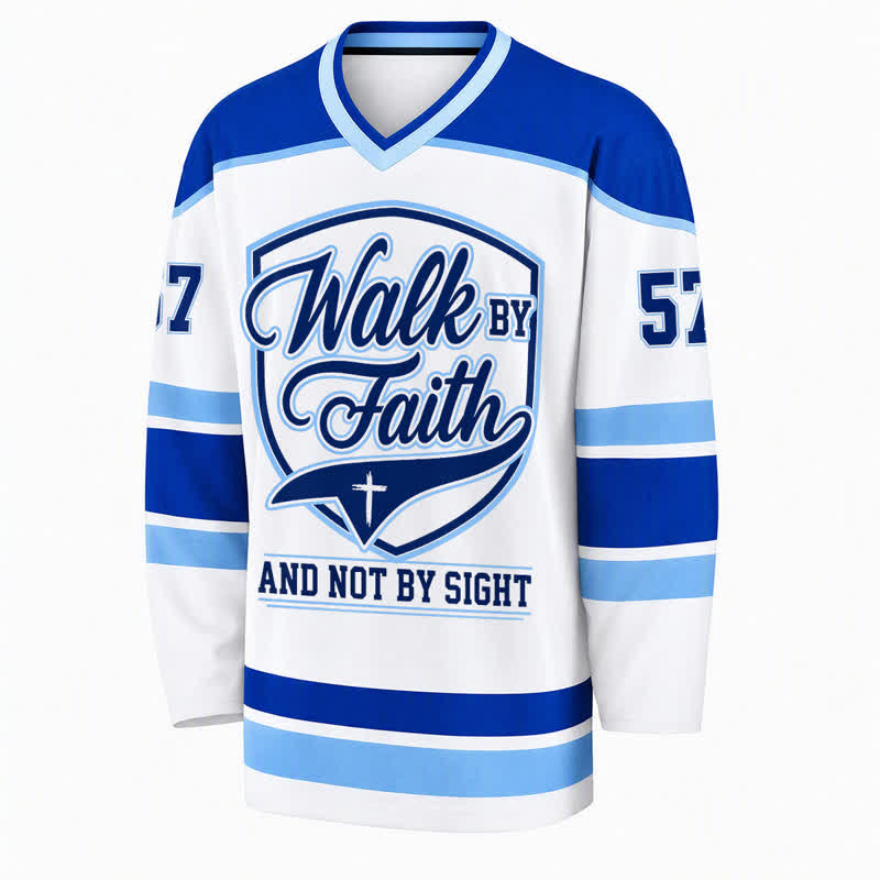 Christianartworkshop Walk By Faith Blue Stripe Long Sleeve Hockey Jersey - image 1