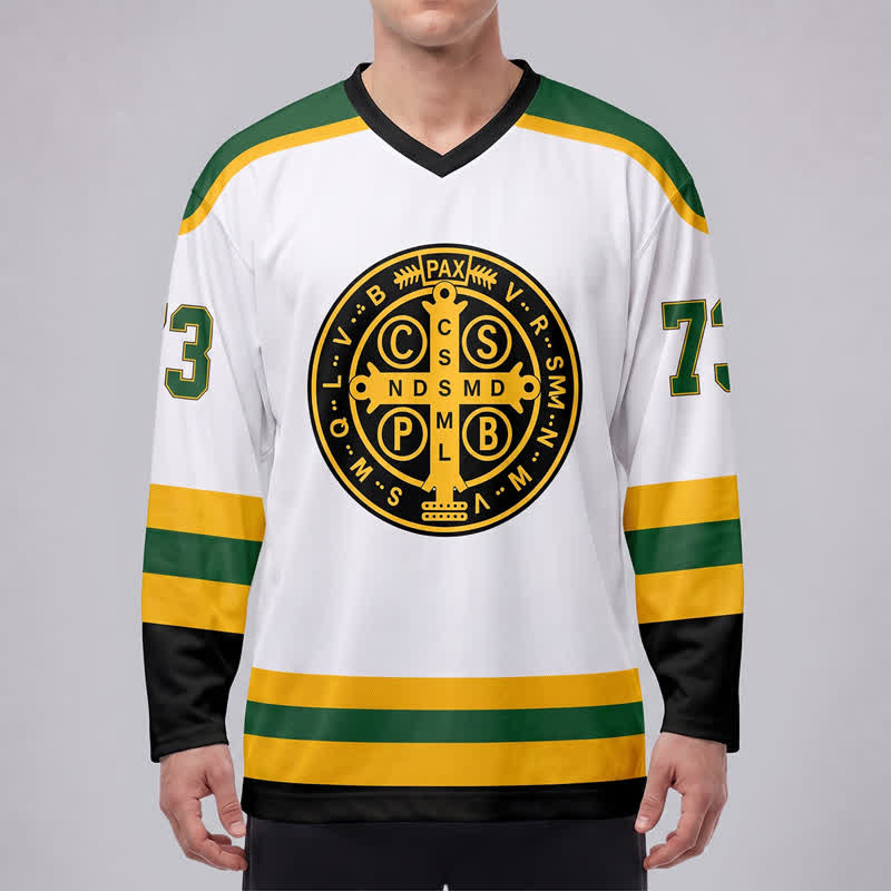 Christianartworkshop St.Benedict 73 Crest White Green Gold Hockey Jersey - image 3