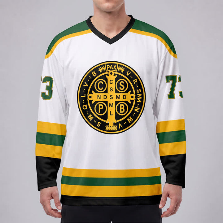 Christianartworkshop St.Benedict 73 Crest White Green Gold Hockey Jersey - image 3