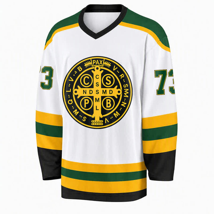 Christianartworkshop St.Benedict 73 Crest White Green Gold Hockey Jersey - image 1