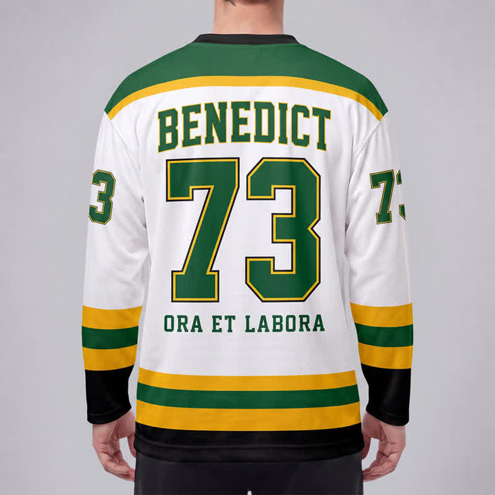 Christianartworkshop St.Benedict 73 Crest White Green Gold Hockey Jersey - image 4