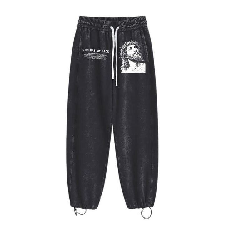 Christianartworkshop God Has My Back Jesus Portrait Washed Sweatpants - image 2