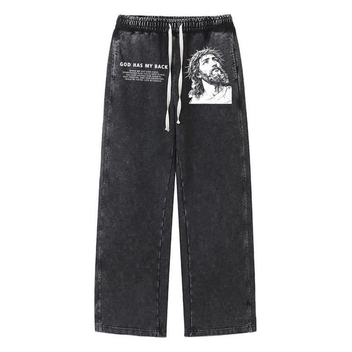 Christianartworkshop God Has My Back Jesus Portrait Washed Sweatpants - Black - 2XL - image 0