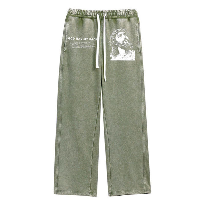 Christianartworkshop God Has My Back Jesus Portrait Washed Sweatpants - Army Green - 2XL - image 18