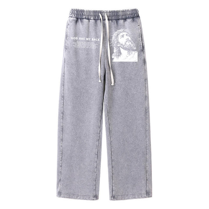 Christianartworkshop God Has My Back Jesus Portrait Washed Sweatpants - Grey - 2XL - image 24