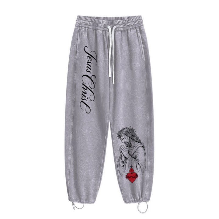 Christianartworkshop Jesus Christ Script Sacred Heart Washed Sweatpants - image 2