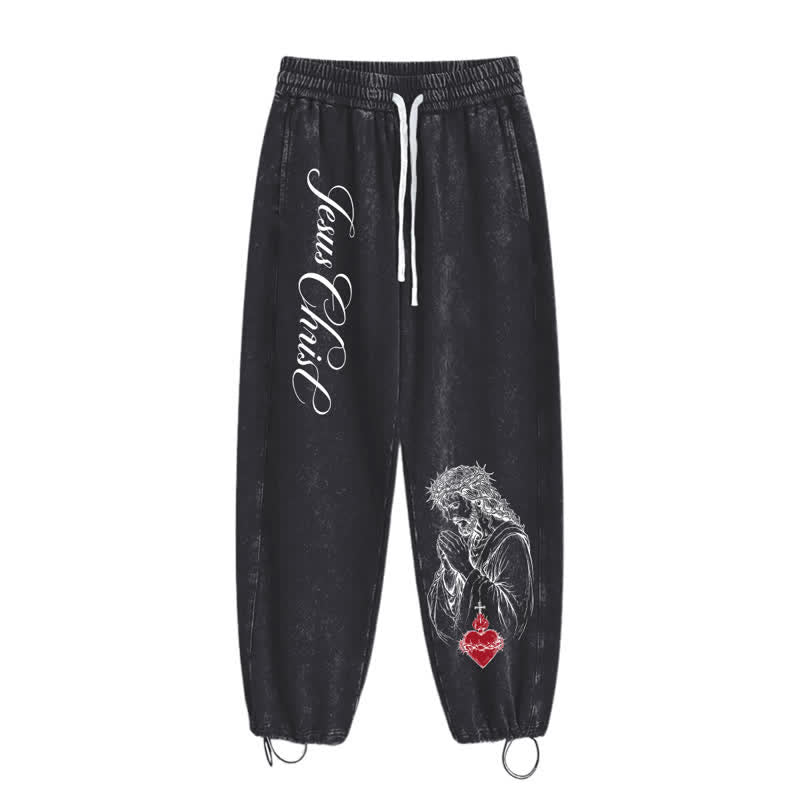 Christianartworkshop Jesus Christ Script Sacred Heart Washed Sweatpants - image 26