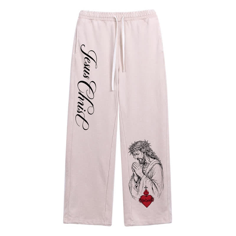 Christianartworkshop Jesus Christ Script Sacred Heart Washed Sweatpants - Beige - 2XL - image 16