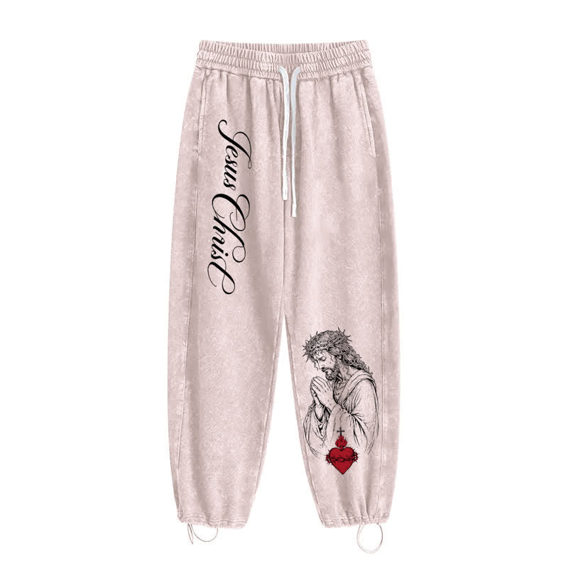 Christianartworkshop Jesus Christ Script Sacred Heart Washed Sweatpants - image 18