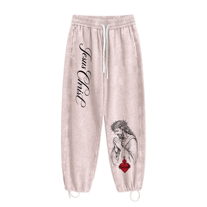 Christianartworkshop Jesus Christ Script Sacred Heart Washed Sweatpants - image 18