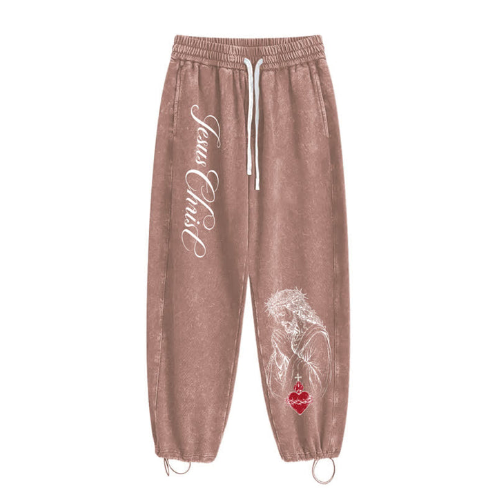 Christianartworkshop Jesus Christ Script Sacred Heart Washed Sweatpants - image 42