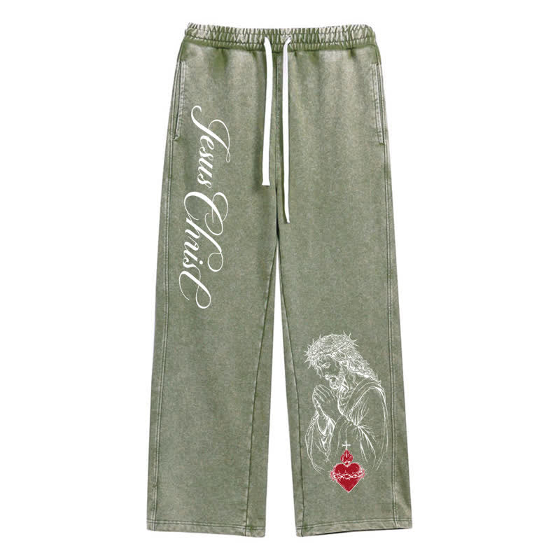 Christianartworkshop Jesus Christ Script Sacred Heart Washed Sweatpants - Army Green - 2XL - image 8