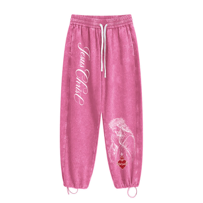 Christianartworkshop Jesus Christ Script Sacred Heart Washed Sweatpants - image 34
