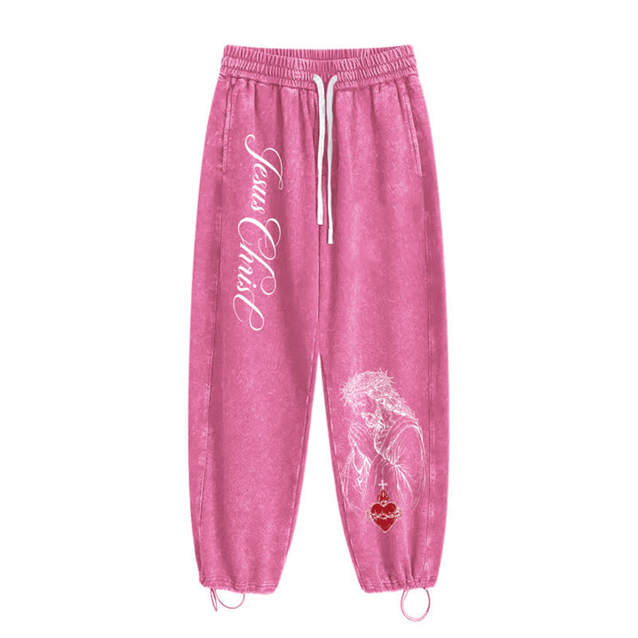 Christianartworkshop Jesus Christ Script Sacred Heart Washed Sweatpants - image 34