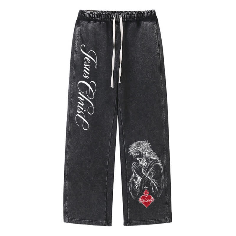 Christianartworkshop Jesus Christ Script Sacred Heart Washed Sweatpants - Black - 2XL - image 24