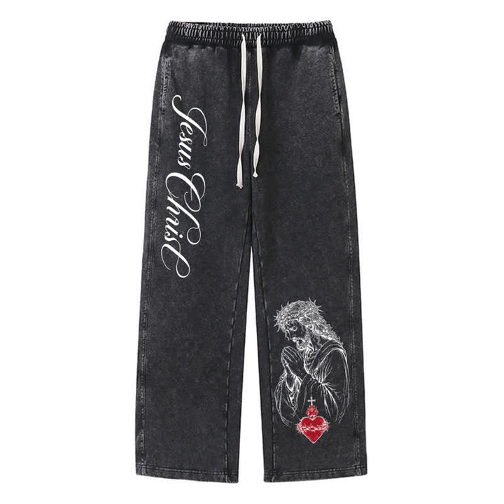 Christianartworkshop Jesus Christ Script Sacred Heart Washed Sweatpants - Black - 2XL - image 24