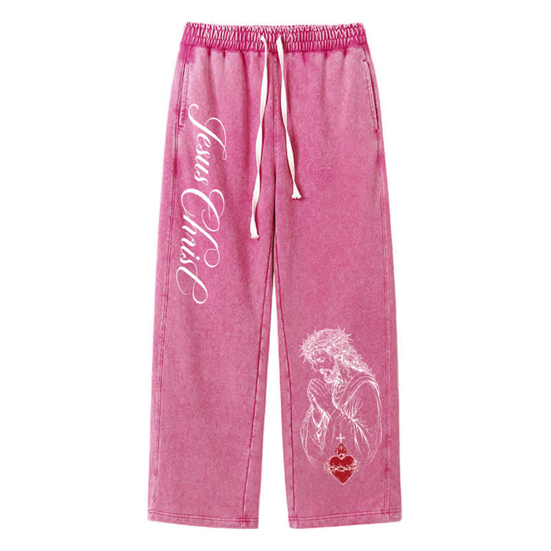 Christianartworkshop Jesus Christ Script Sacred Heart Washed Sweatpants - Rose - 2XL - image 32