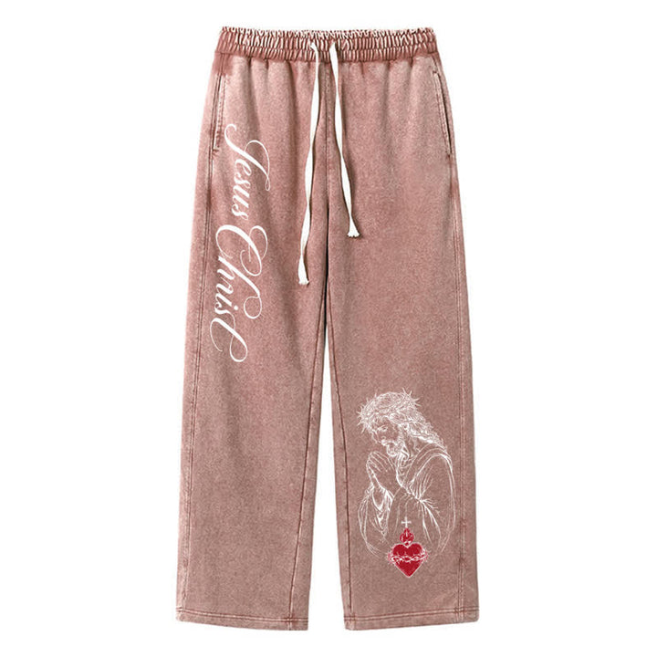 Christianartworkshop Jesus Christ Script Sacred Heart Washed Sweatpants - Brown - 2XL - image 40