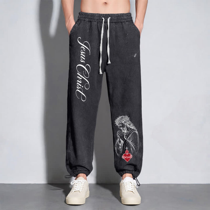 Christianartworkshop Jesus Christ Script Sacred Heart Washed Sweatpants - image 30