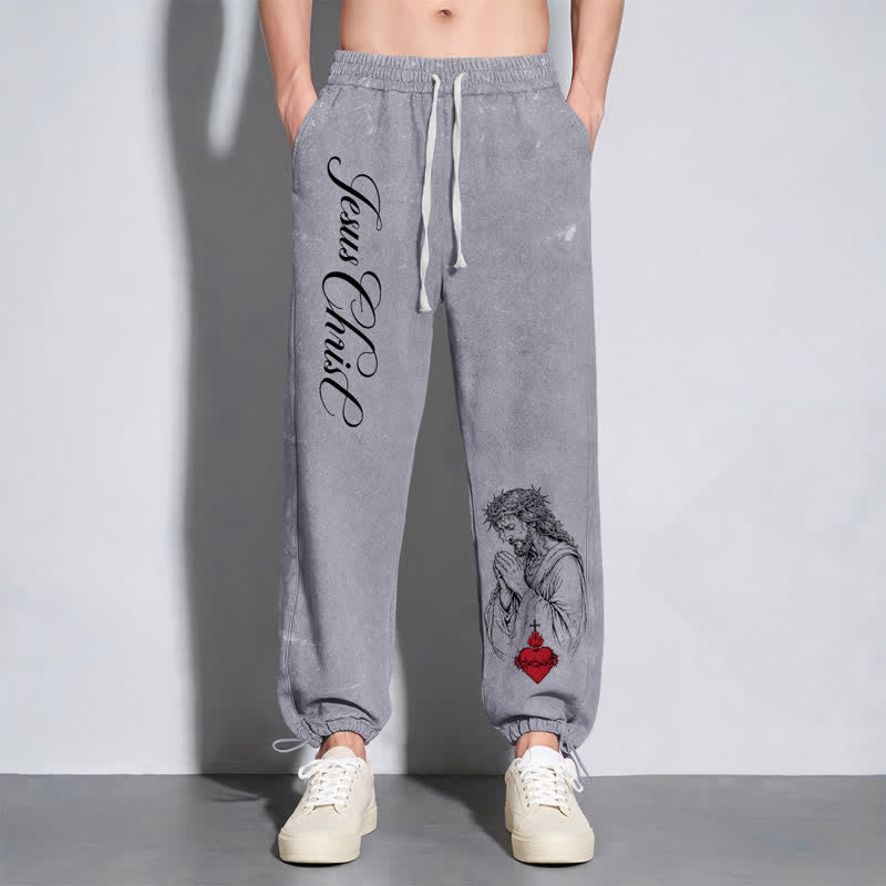 Christianartworkshop Jesus Christ Script Sacred Heart Washed Sweatpants - image 6