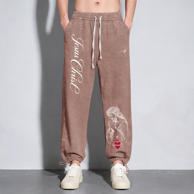 Christianartworkshop Jesus Christ Script Sacred Heart Washed Sweatpants - image 46