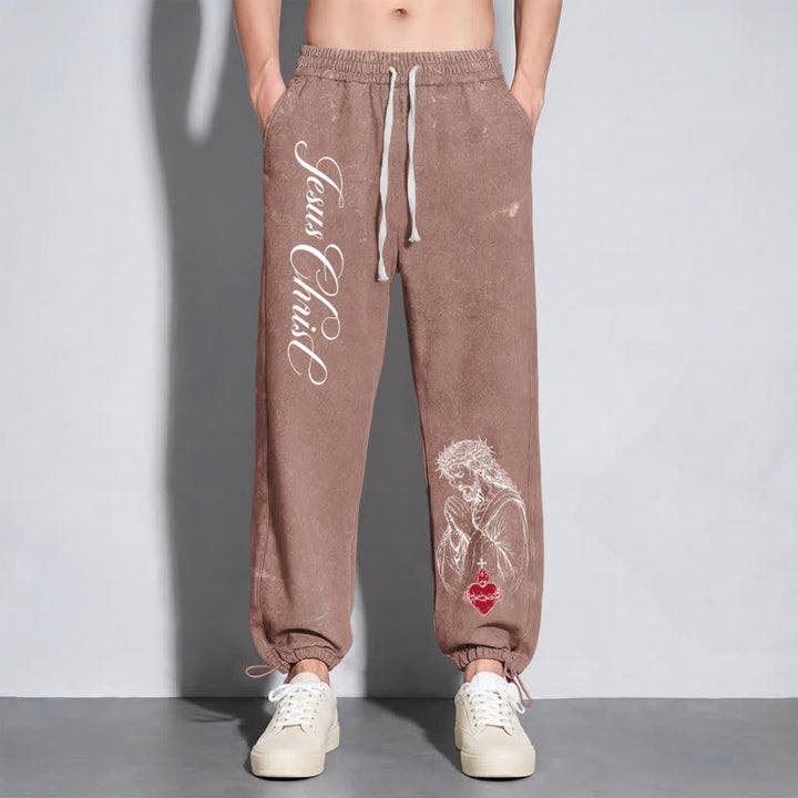 Christianartworkshop Jesus Christ Script Sacred Heart Washed Sweatpants - image 46