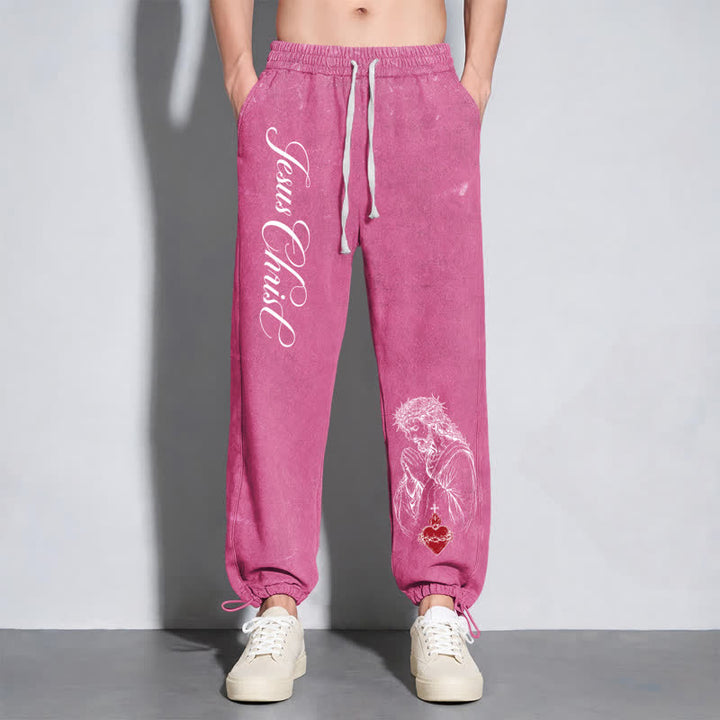 Christianartworkshop Jesus Christ Script Sacred Heart Washed Sweatpants - image 38