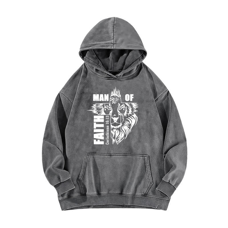 Christianartworkshop Man Of Faith Lion Graphic Vintage Fleece Washed Hoodie - Grey - 5XL - image 1