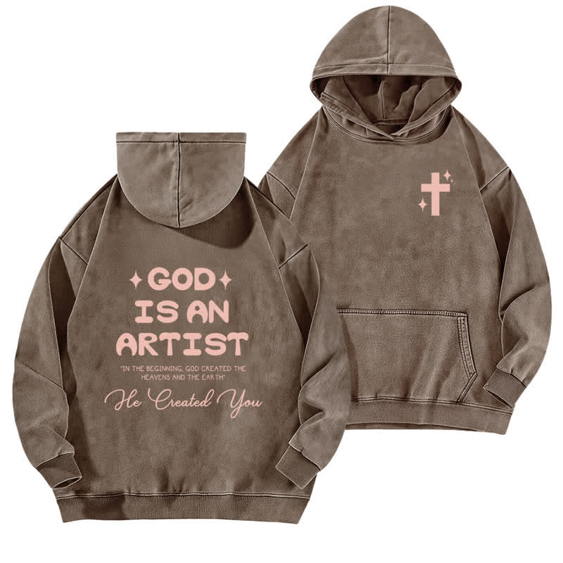 Christianartworkshop God Is An Artist Vintage Pink Print Washed Hoodie - Coffee - 5XL - image 0
