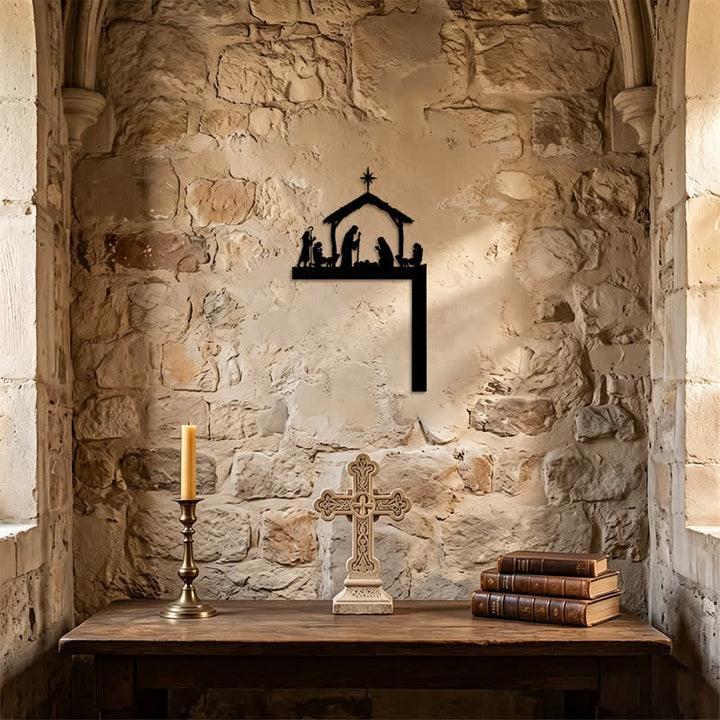 Christianartworkshop Silhouette Holy Family Manger Metal Sign: Symbol of Warm Sacred Grace - image 0