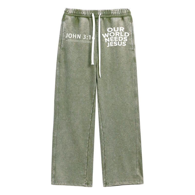 Christianartworkshop Our World Needs Jesus Vintage Washed Sweatpants - Army Green - 2XL - image 0