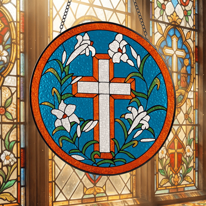 Christianartworkshop Circular Lily Framed Cross Suncatcher: Token of Peaceful Divine Hope - image 1