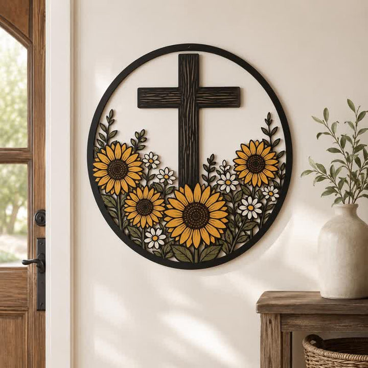 Christianartworkshop Sunflower Framed Cross Metal Decor: Token of Peaceful Divine Light - image 0