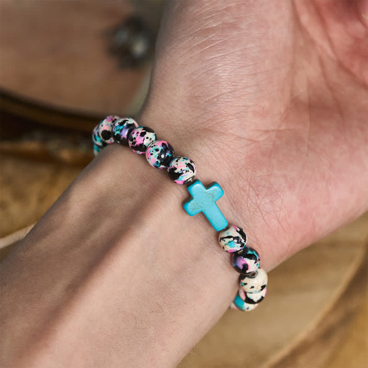 Christianartworkshop Inspirational Psalm 46:5 Cross Bracelet with Colorful Crackle Beads - image 1