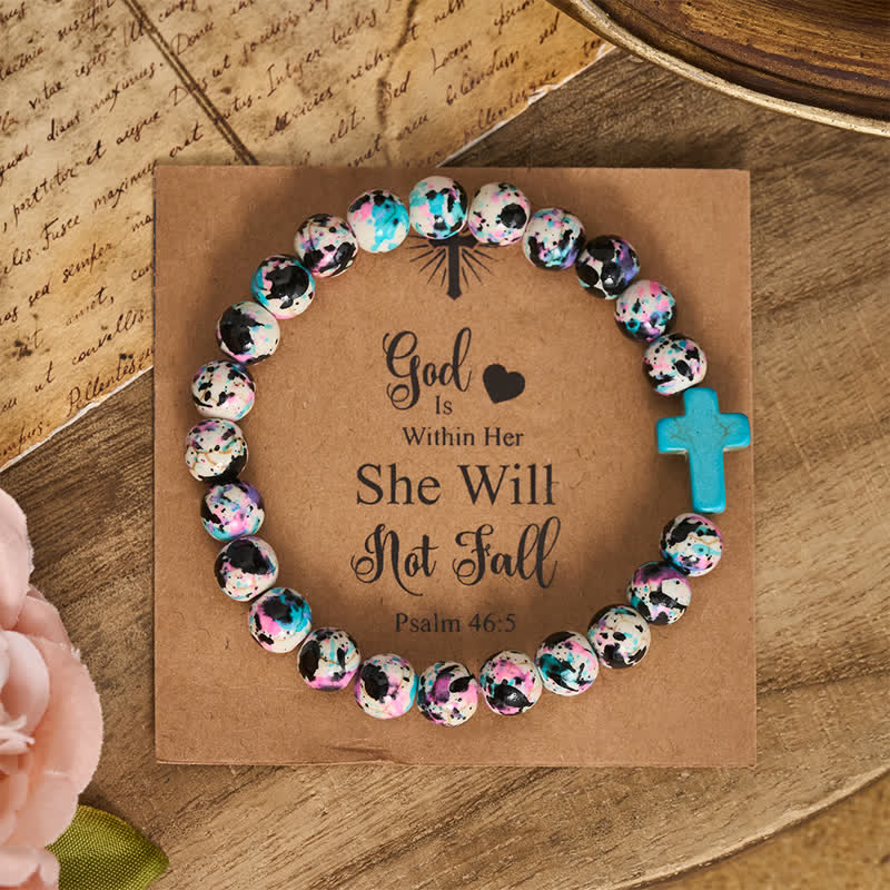 Christianartworkshop Inspirational Psalm 46:5 Cross Bracelet with Colorful Crackle Beads - Wrist Circumference: 7.5''/19cm - image 0