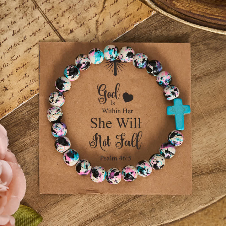 Christianartworkshop Inspirational Psalm 46:5 Cross Bracelet with Colorful Crackle Beads - Wrist Circumference: 7.5''/19cm - image 0