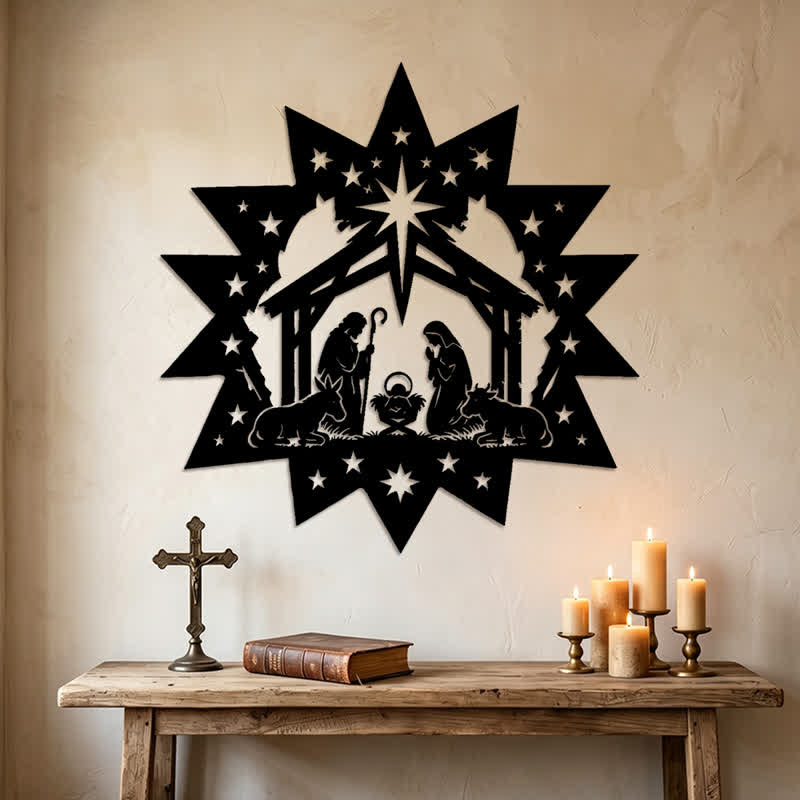 Christianartworkshop Star Frame Nativity Scene Metal Wall Art: Emblem of Guiding Heavenly Light - image 1