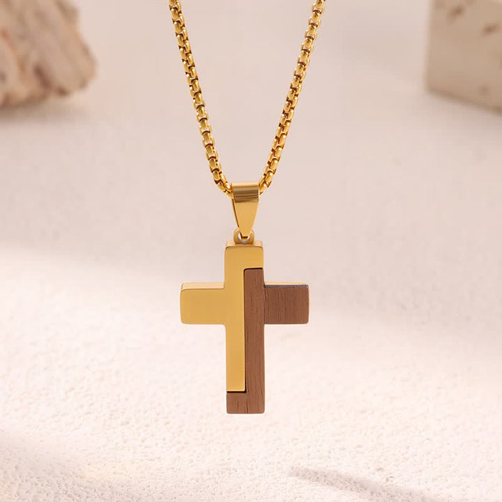 Christianartworkshop Natural Wood Inset Stainless Steel Cross Necklace: Sign of Gentle Celestial Shelter - B - image 1